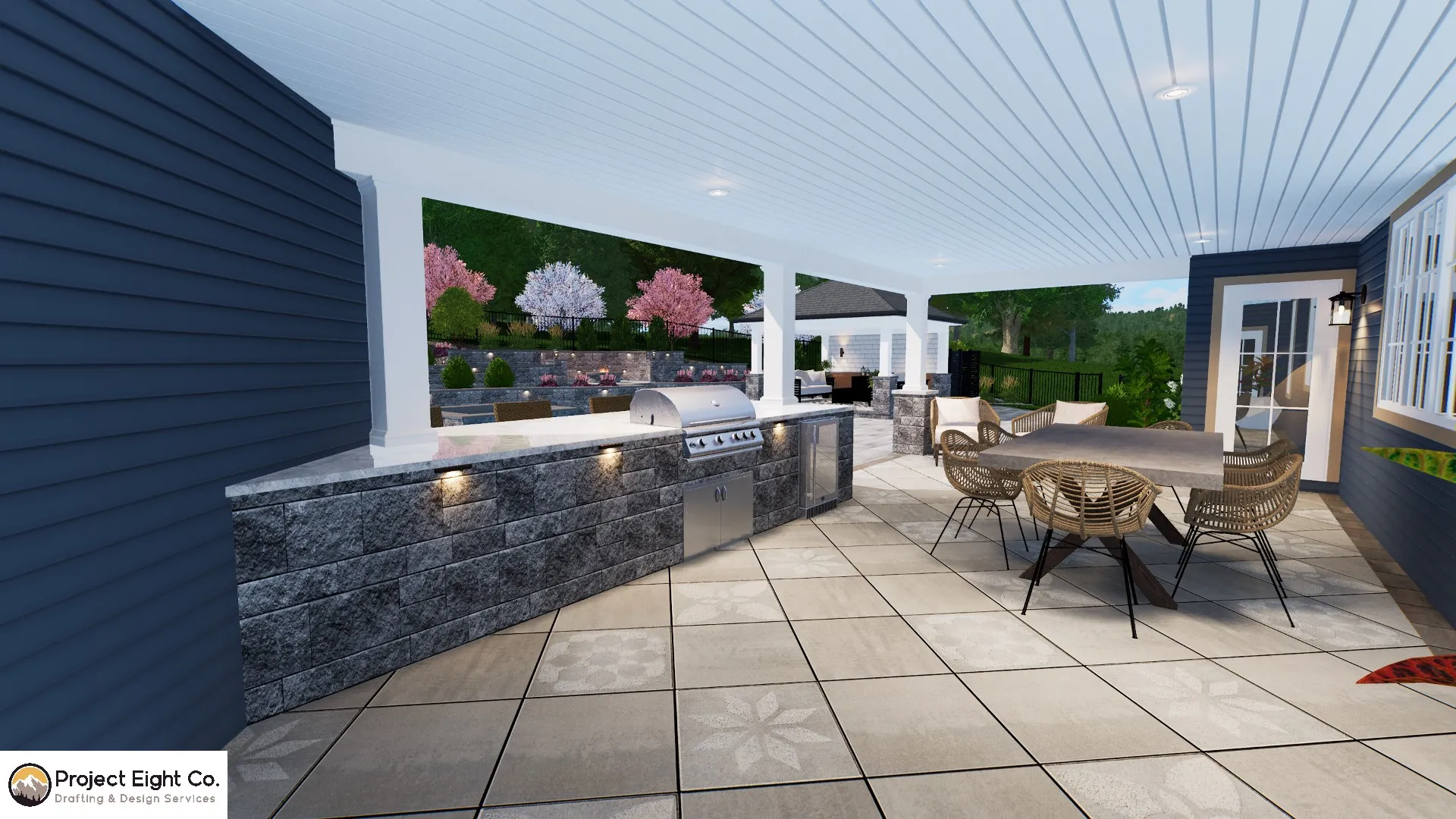 Tiered Backyard Patio with Pool and Multiple Covered Lounging Areas Design