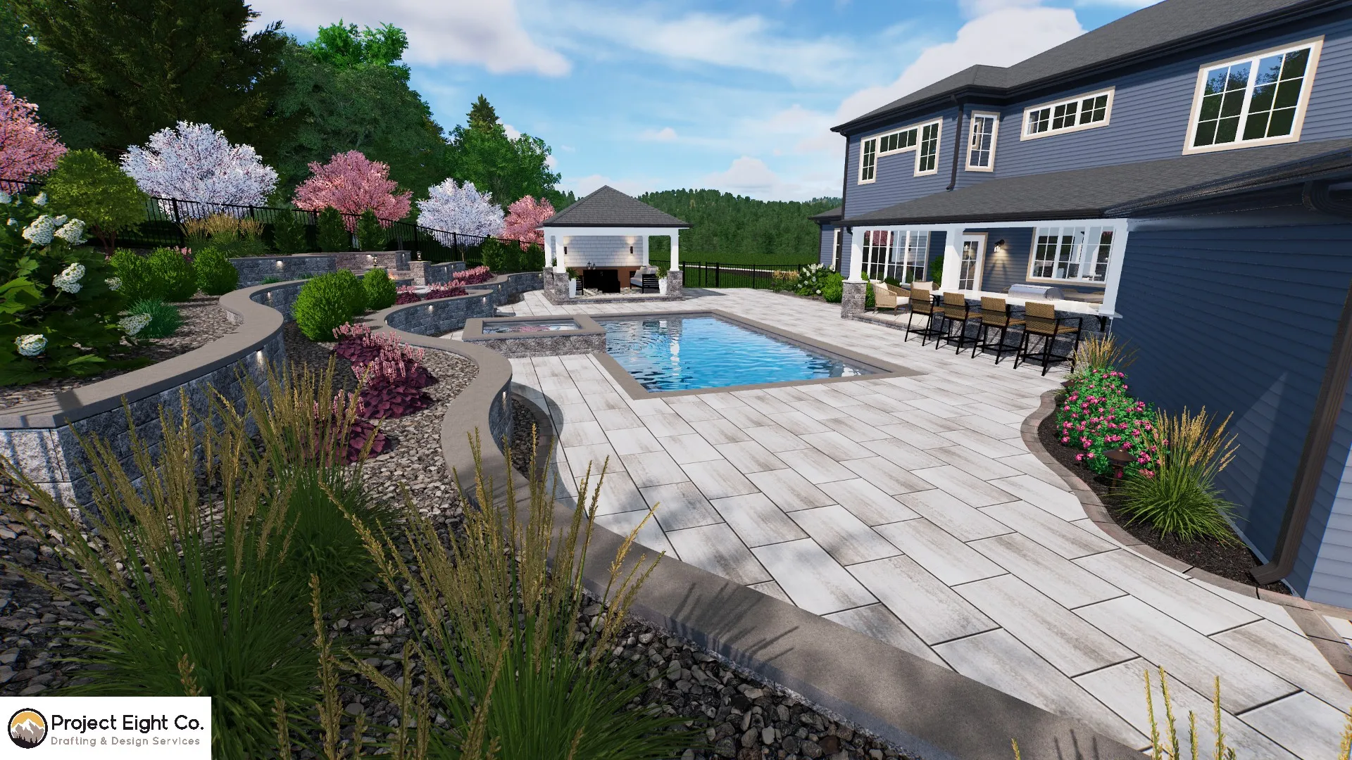 Tiered Backyard Patio with Pool and Multiple Covered Lounging Areas Design