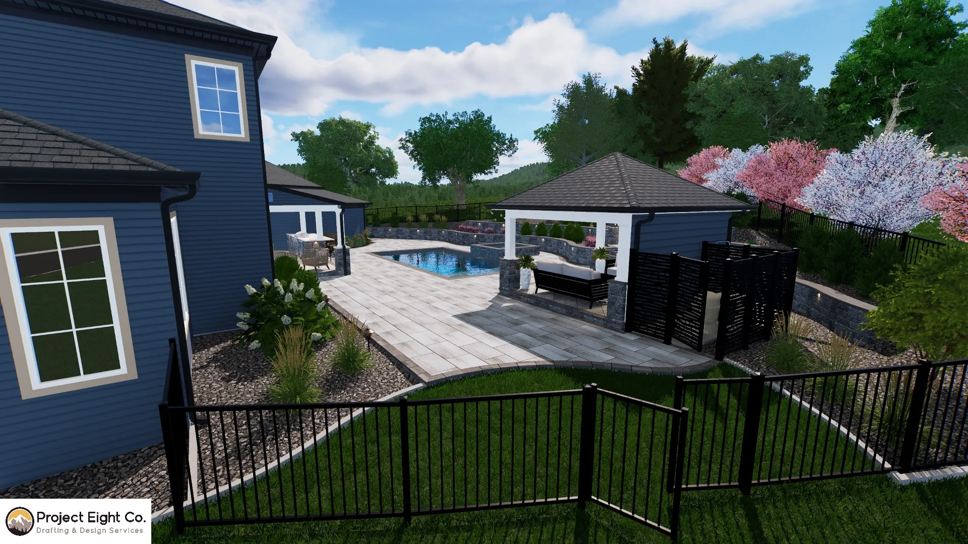 Tiered Backyard Patio with Pool and Multiple Covered Lounging Areas Design