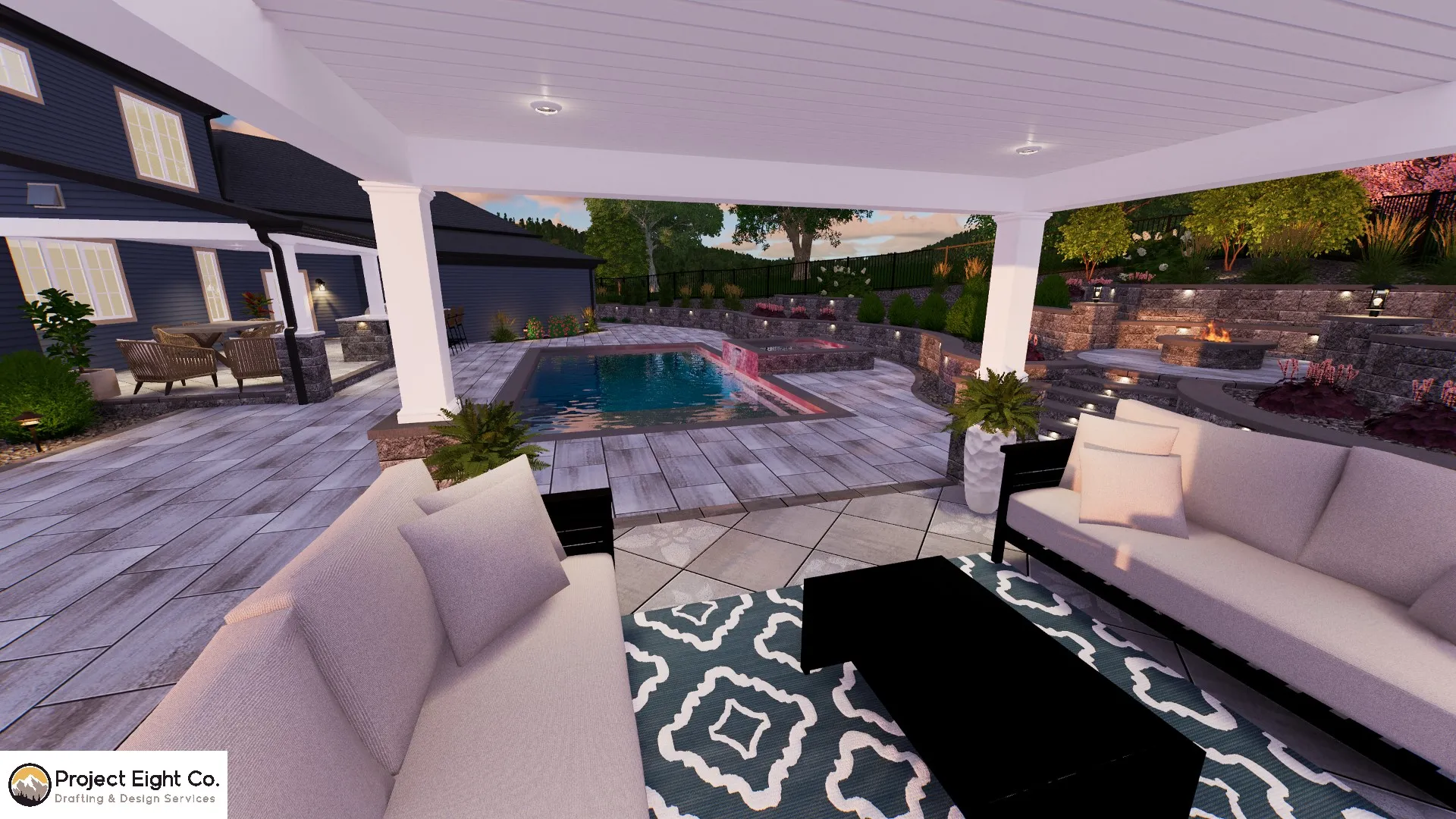 Tiered Backyard Patio with Pool and Multiple Covered Lounging Areas Design