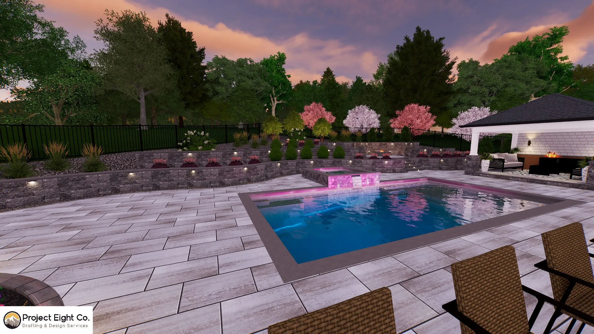 Tiered Backyard Patio with Pool and Multiple Covered Lounging Areas Design