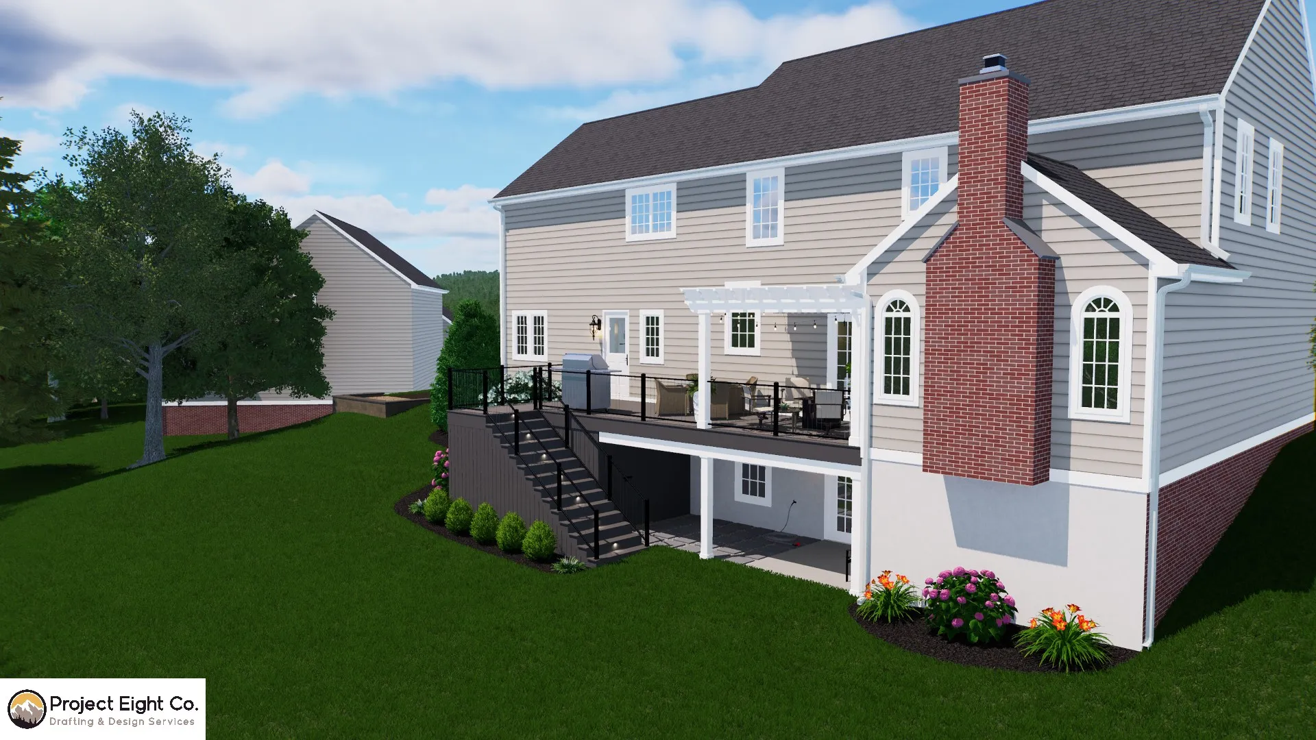 Multi-Level Deck and Patio with Modern Pergola Design