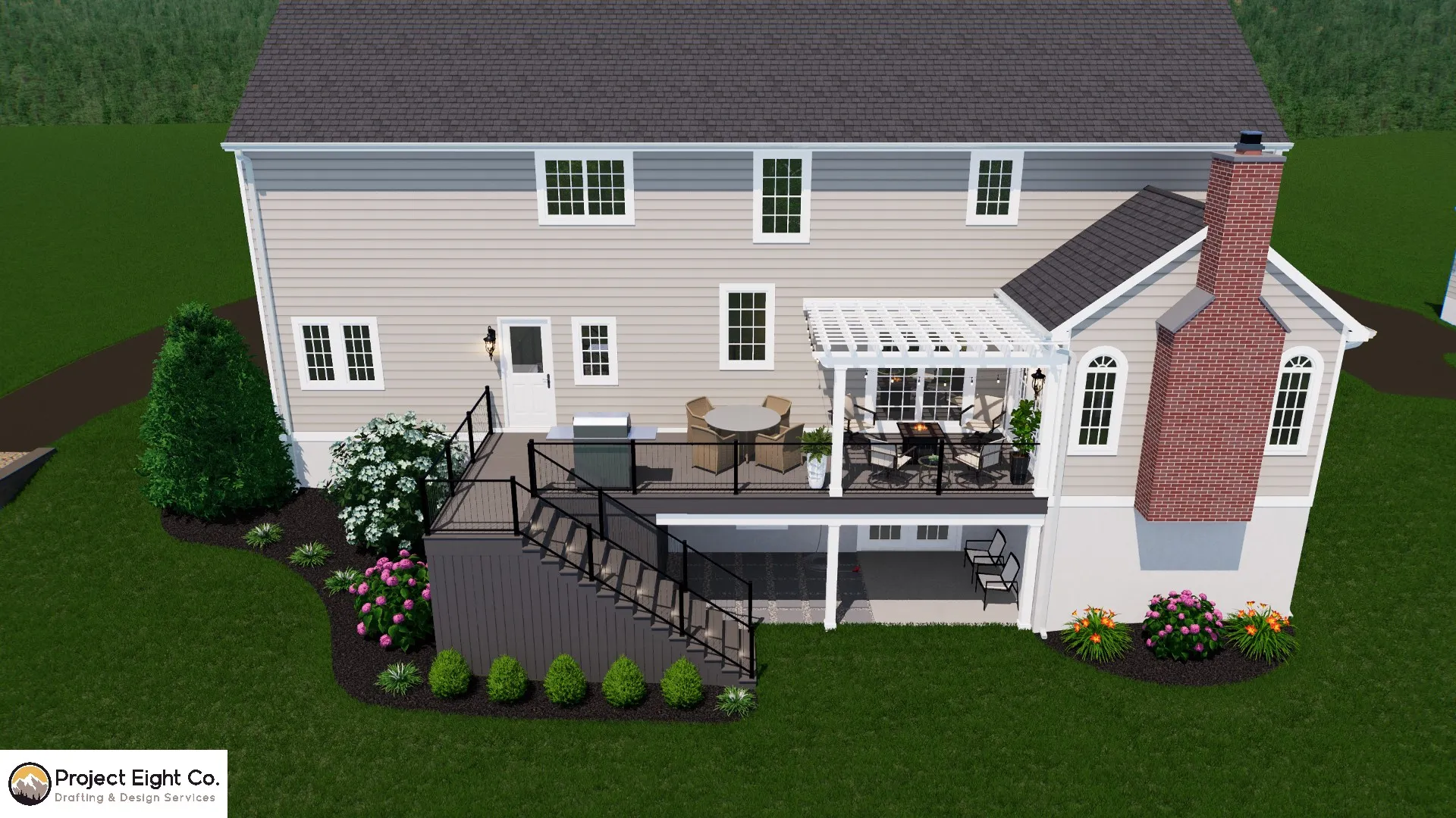 Multi-Level Deck and Patio with Modern Pergola Design