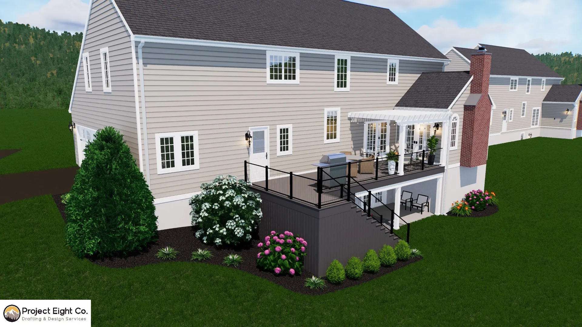 Multi-Level Deck and Patio with Modern Pergola Design