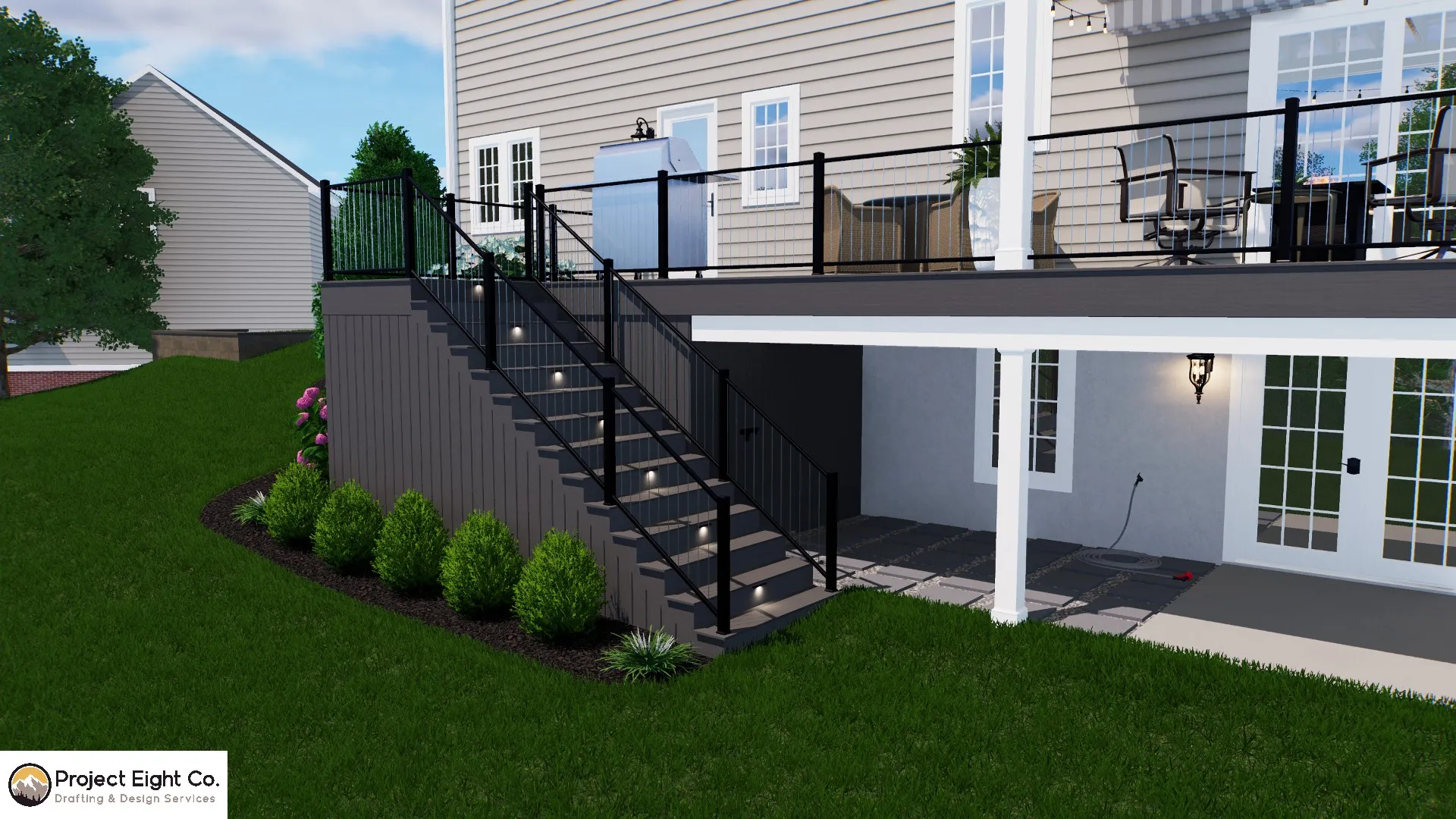 Multi-Level Deck and Patio with Modern Pergola Design