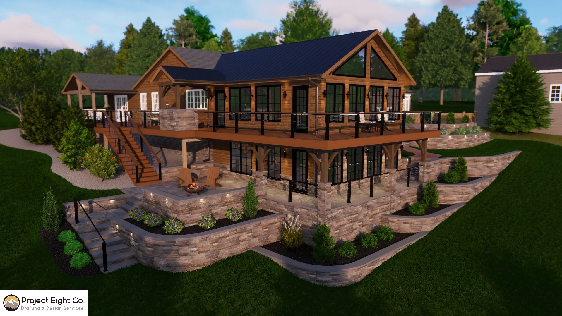 Modern Log-Style Home With Wrap-Around Deck and Terraced Rock Features Design