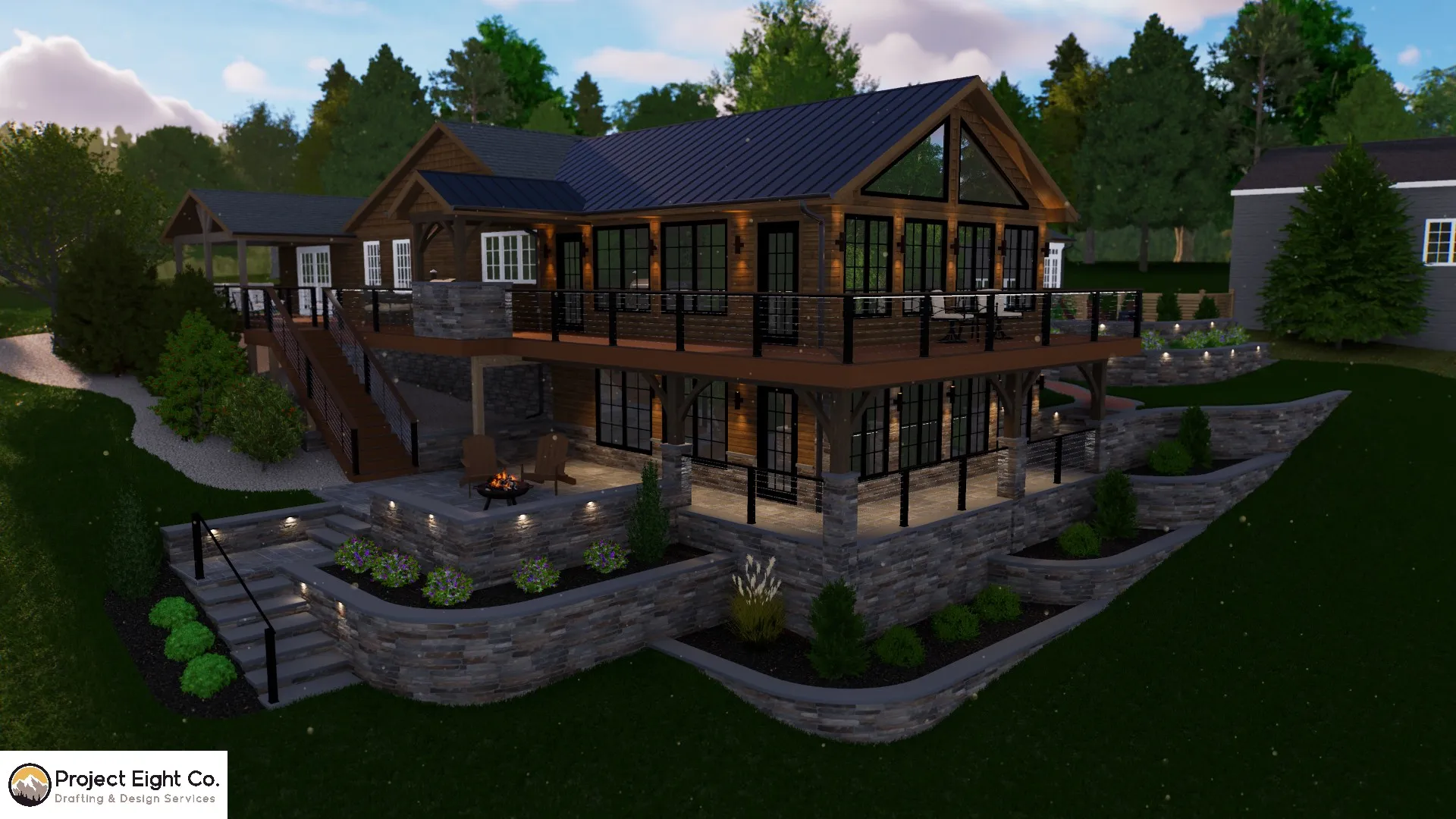Modern Log-Style Home With Wrap-Around Deck and Terraced Rock Features Design