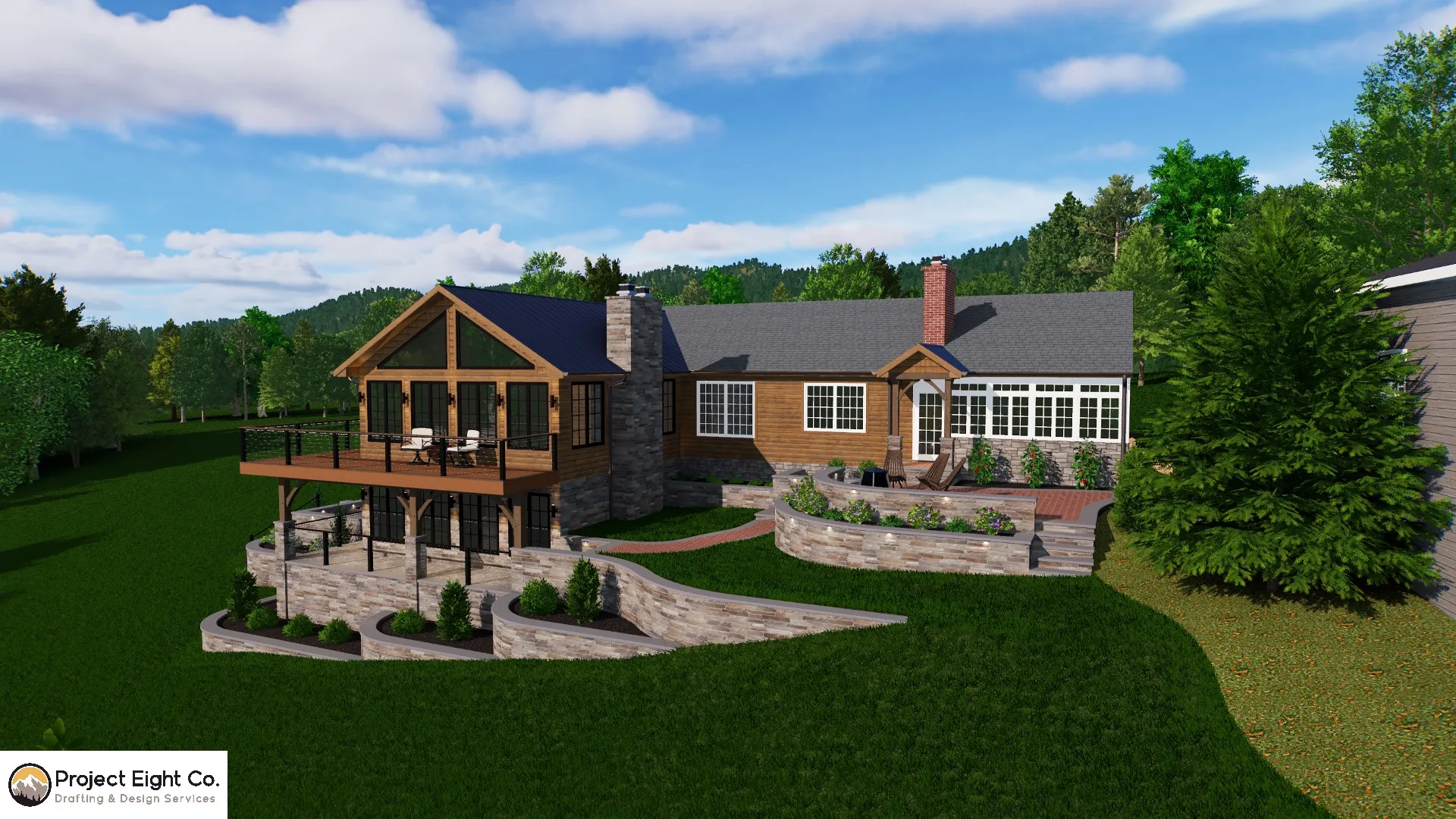 Modern Log-Style Home With Wrap-Around Deck and Terraced Rock Features Design