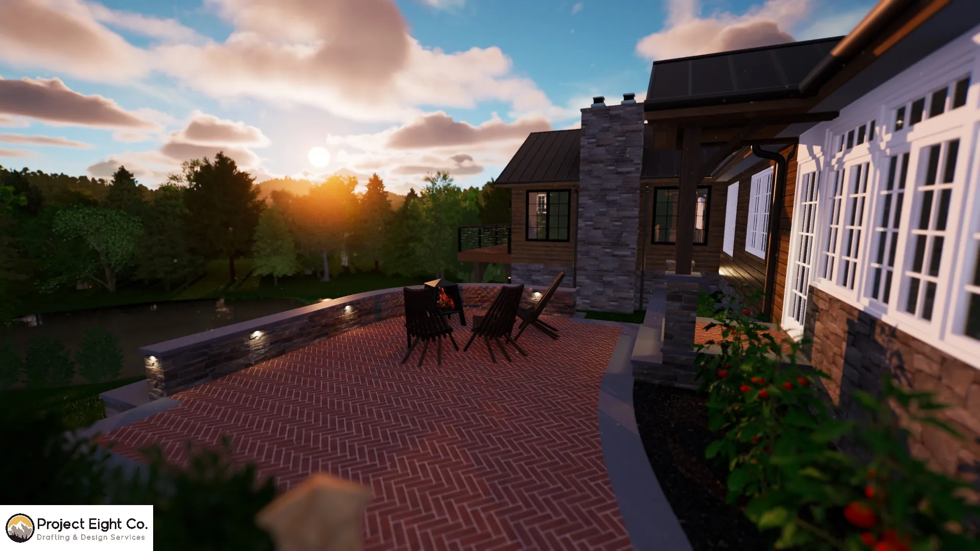 Modern Log-Style Home With Wrap-Around Deck and Terraced Rock Features Design