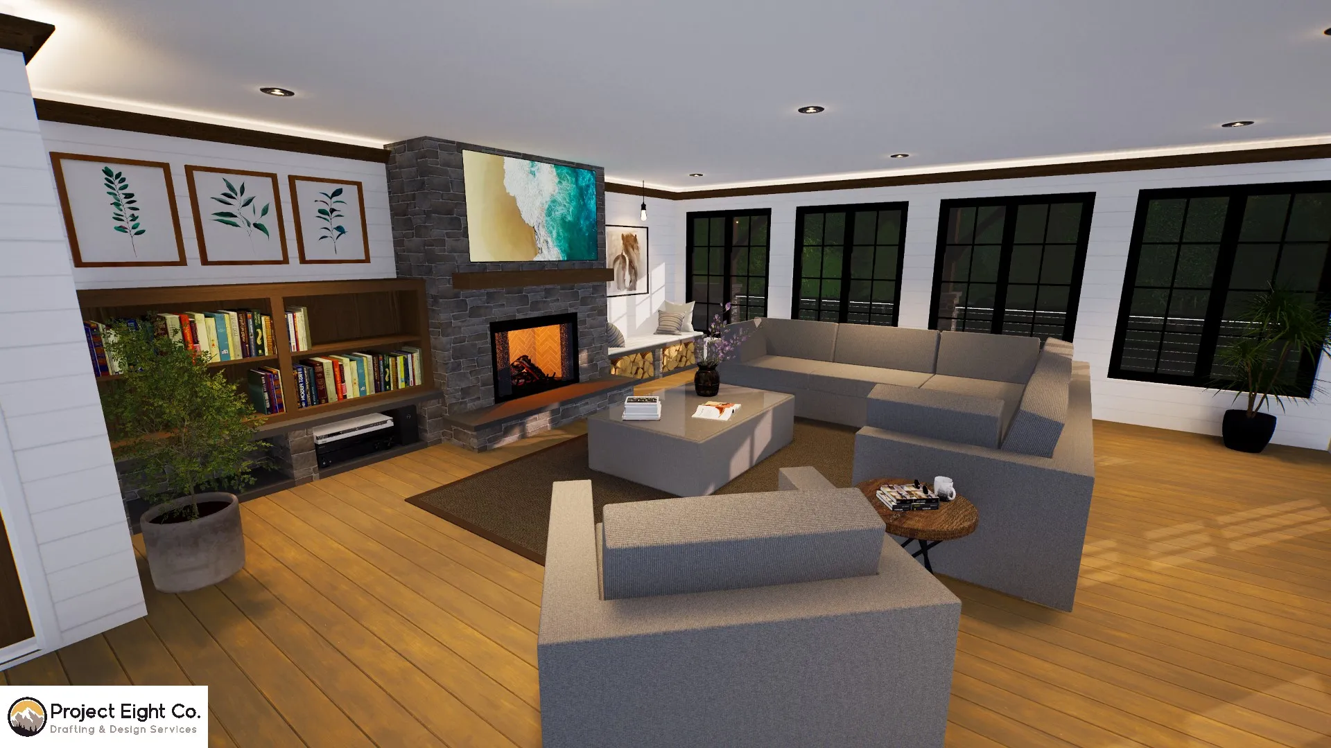 Modern Log-Style Home With Wrap-Around Deck and Terraced Rock Features Design