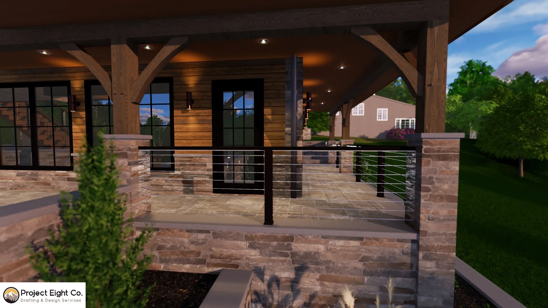 Modern Log-Style Home With Wrap-Around Deck and Terraced Rock Features Design