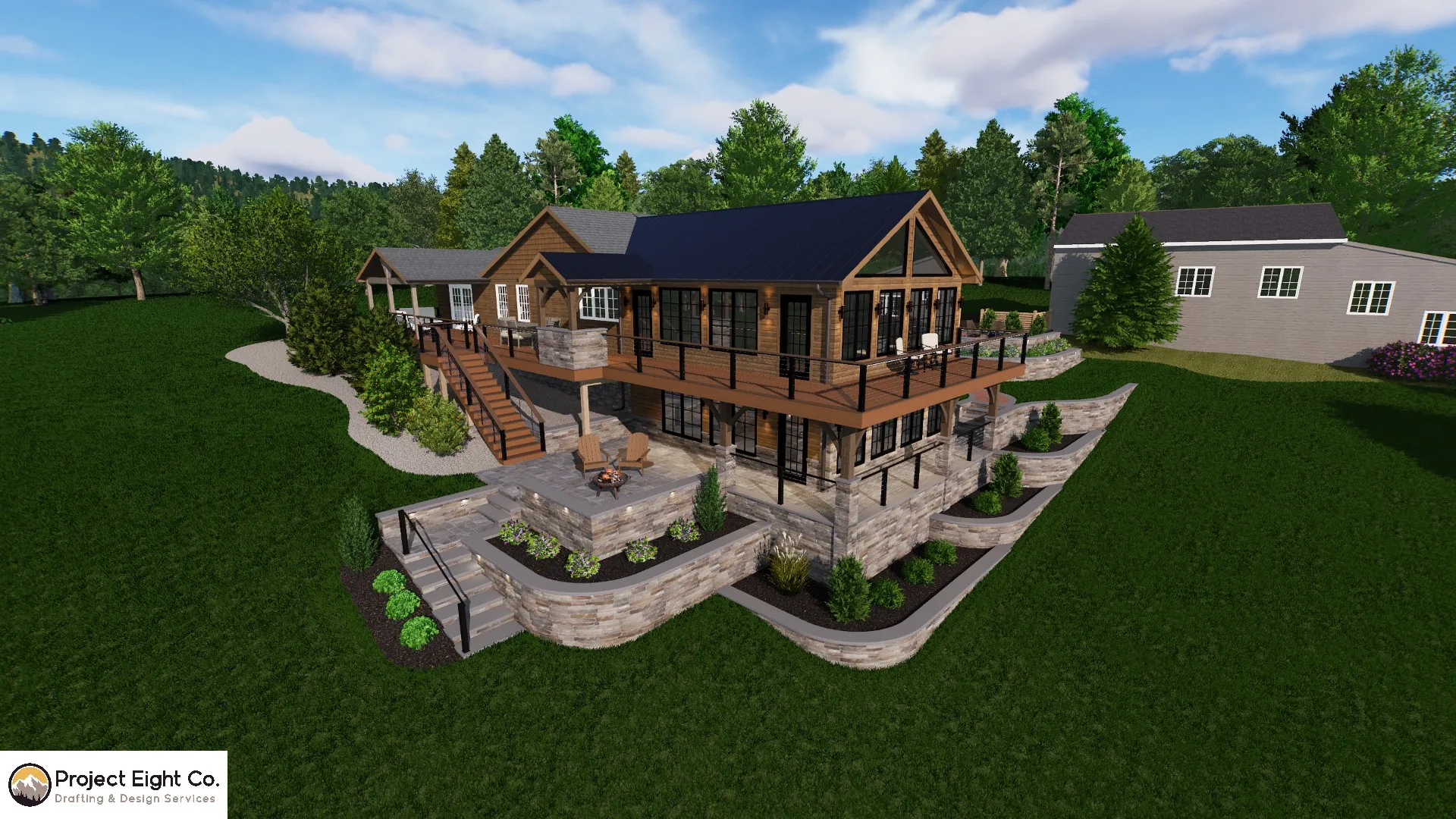 Modern Log-Style Home With Wrap-Around Deck and Terraced Rock Features Design