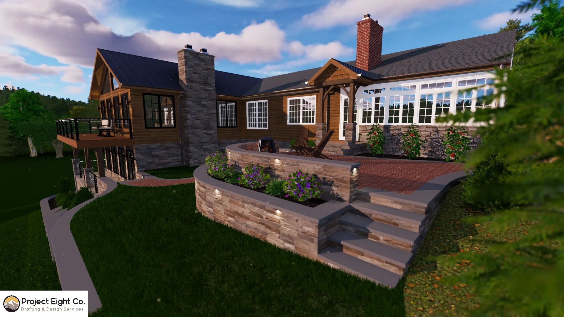 Modern Log-Style Home With Wrap-Around Deck and Terraced Rock Features Design