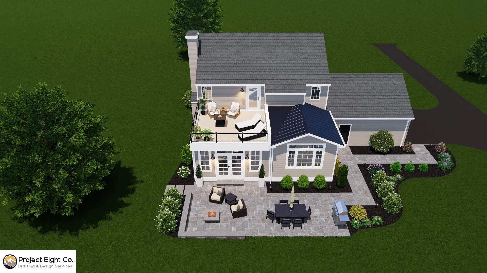 Charming Sunroom Addition with Elevated Deck and Large Patio Design