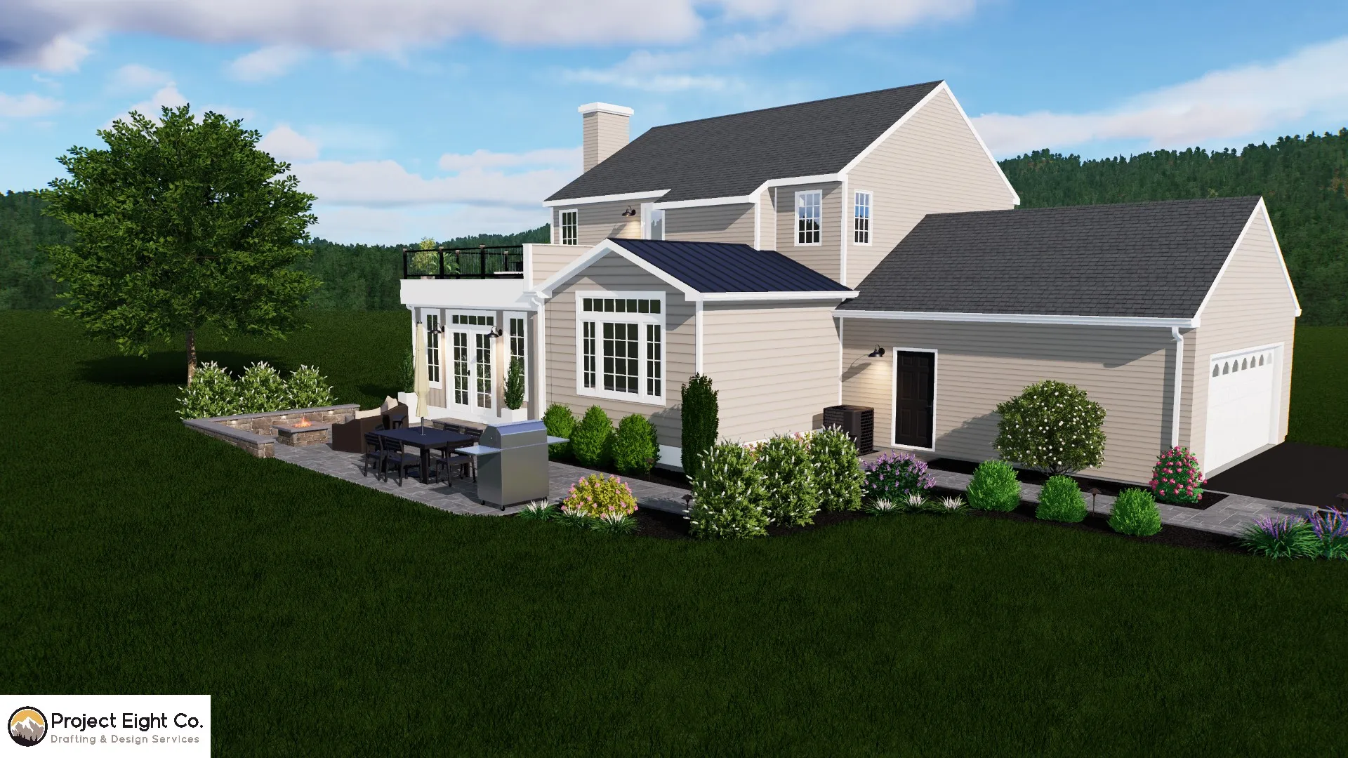 Charming Sunroom Addition with Elevated Deck and Large Patio Design