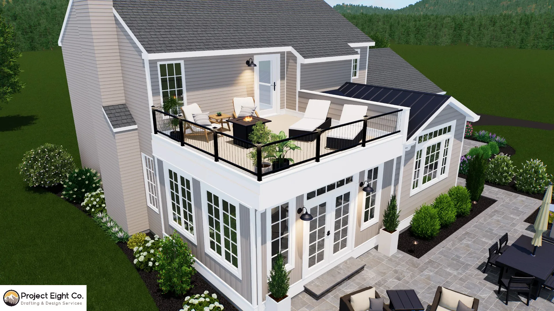 Charming Sunroom Addition with Elevated Deck and Large Patio Design