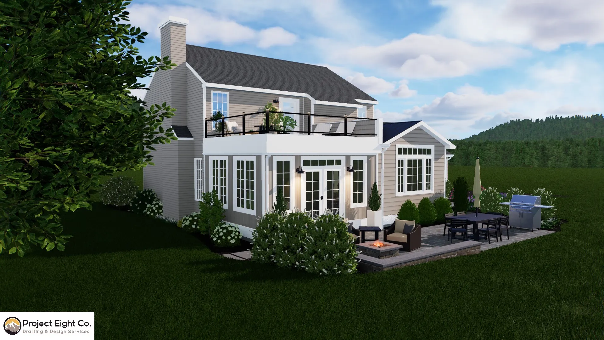 Charming Sunroom Addition with Elevated Deck and Large Patio Design