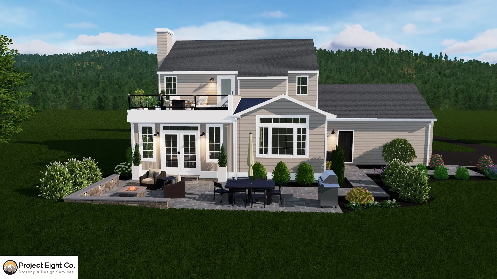 Charming Sunroom Addition with Elevated Deck and Large Patio Design