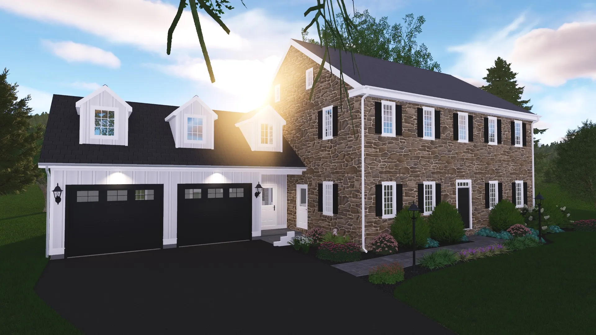 Farmhouse Garage Addition Blending Stone and Modern Siding Design