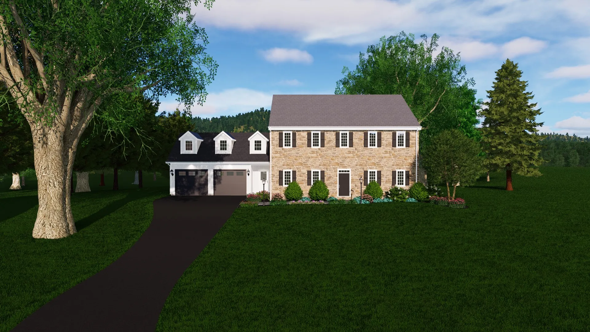 Farmhouse Garage Addition Blending Stone and Modern Siding Design