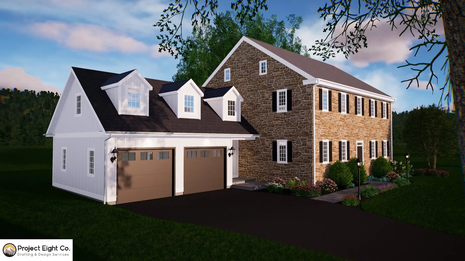 Farmhouse Garage Addition Blending Stone and Modern Siding Design