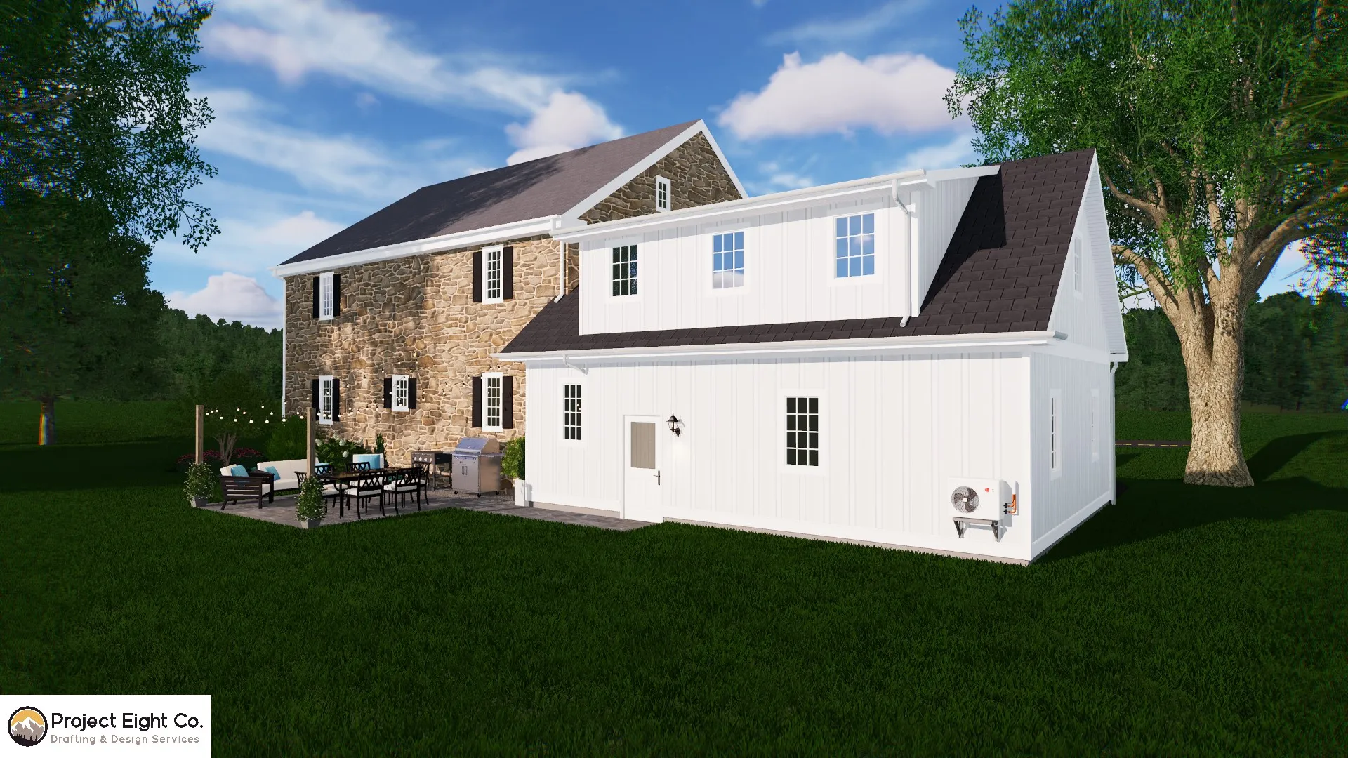 Farmhouse Garage Addition Blending Stone and Modern Siding Design