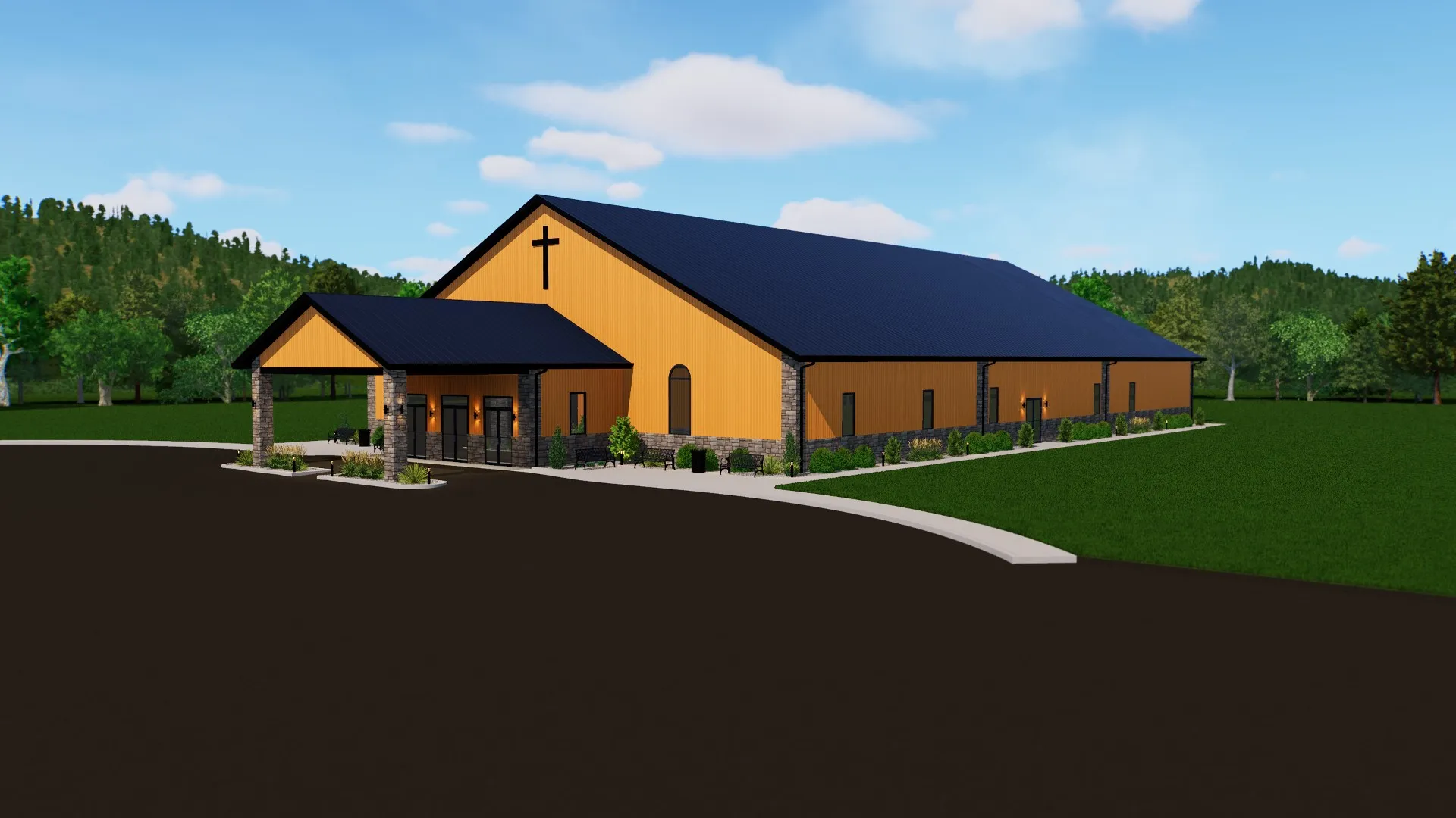 Modern Church Building with Stone and Metal Accents Design