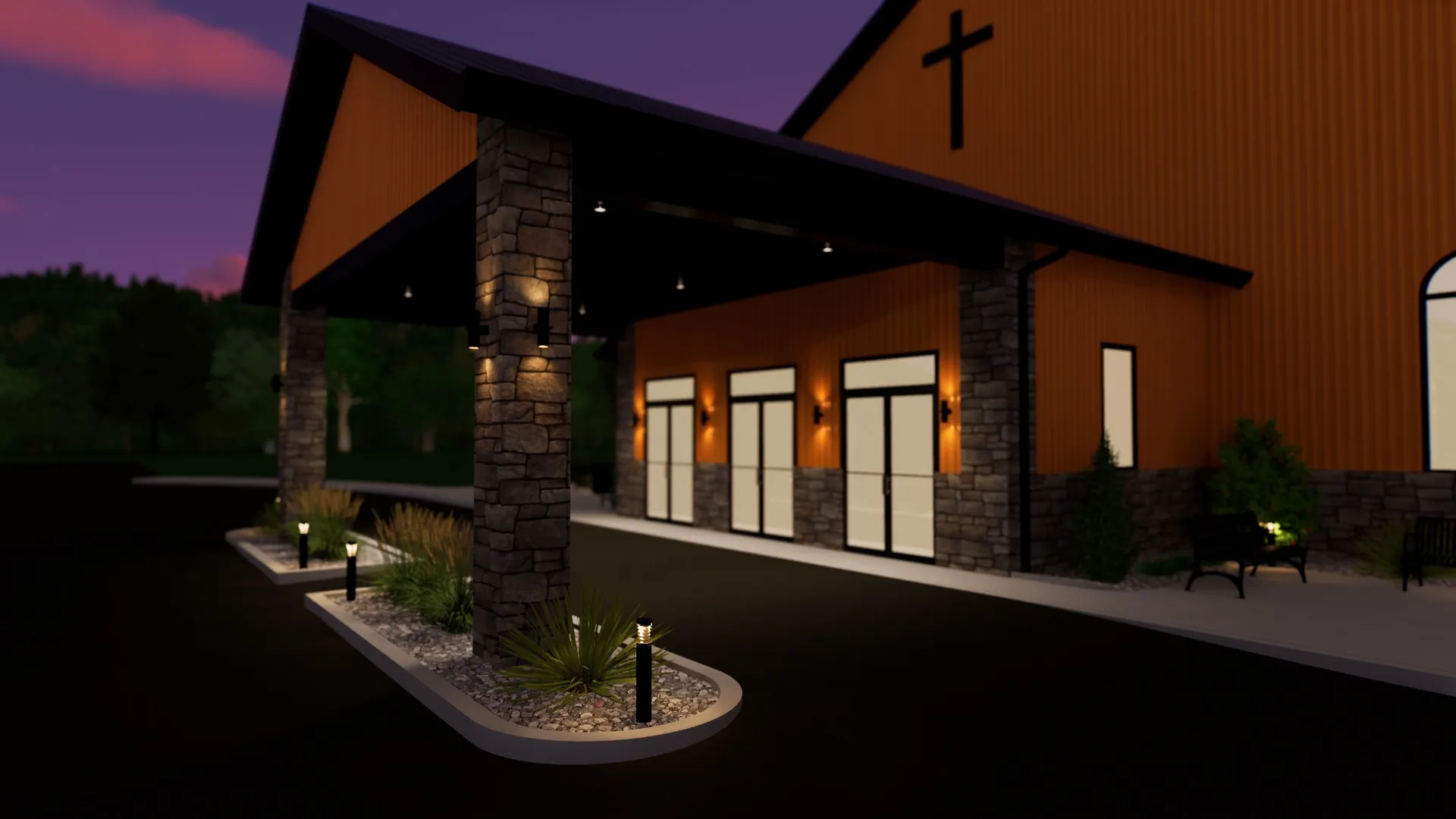 Modern Church Building with Stone and Metal Accents Design