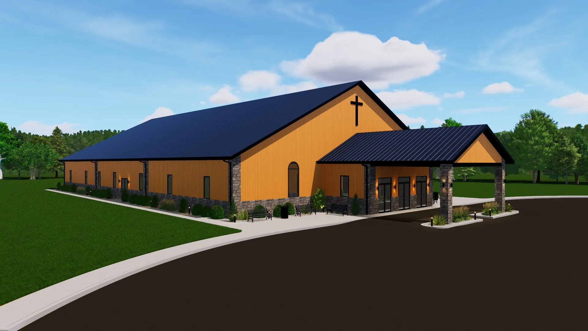 Modern Church Building with Stone and Metal Accents Design