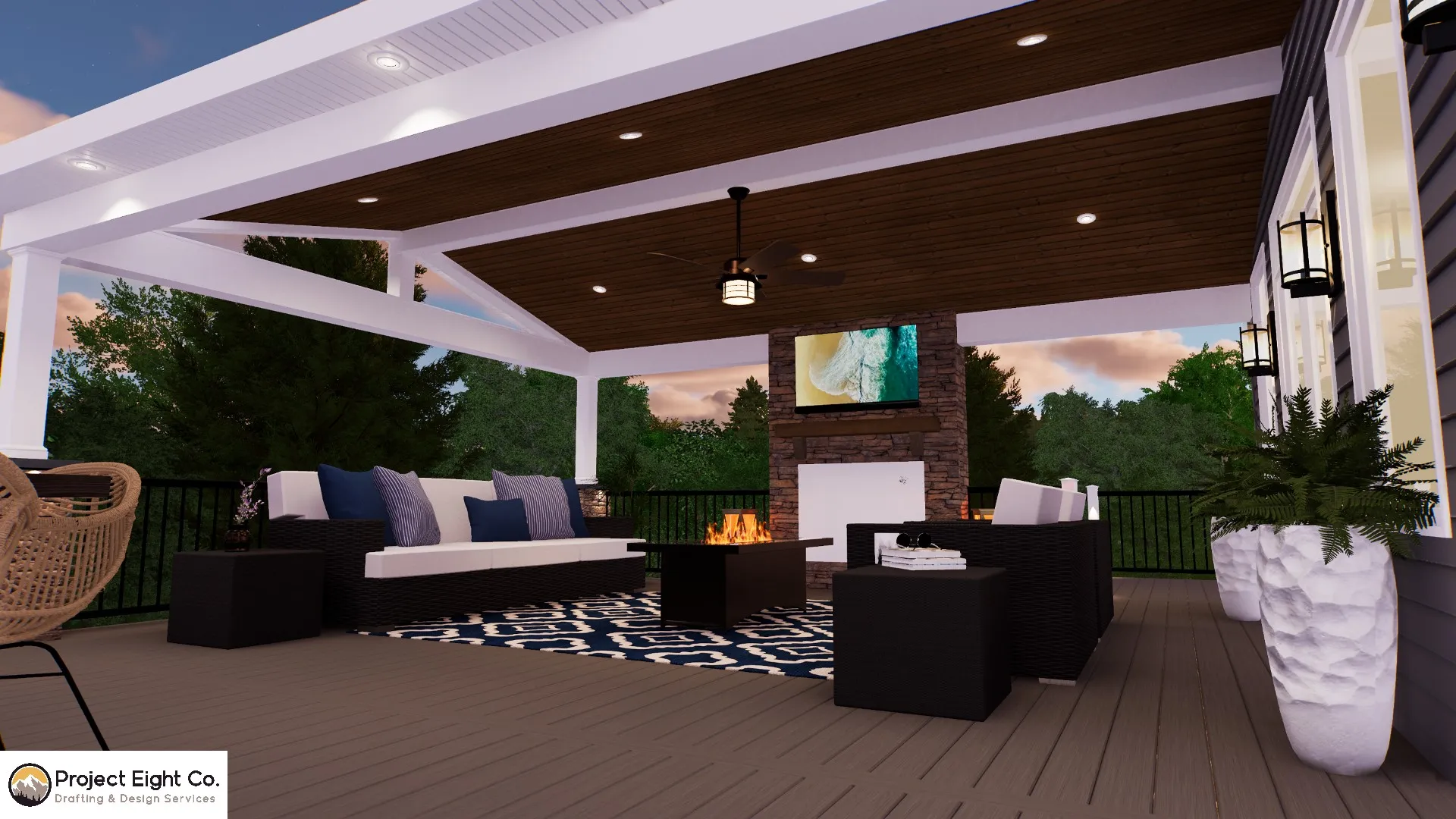 High-End Deck with Covered Lounge and Outdoor Kitchen Design