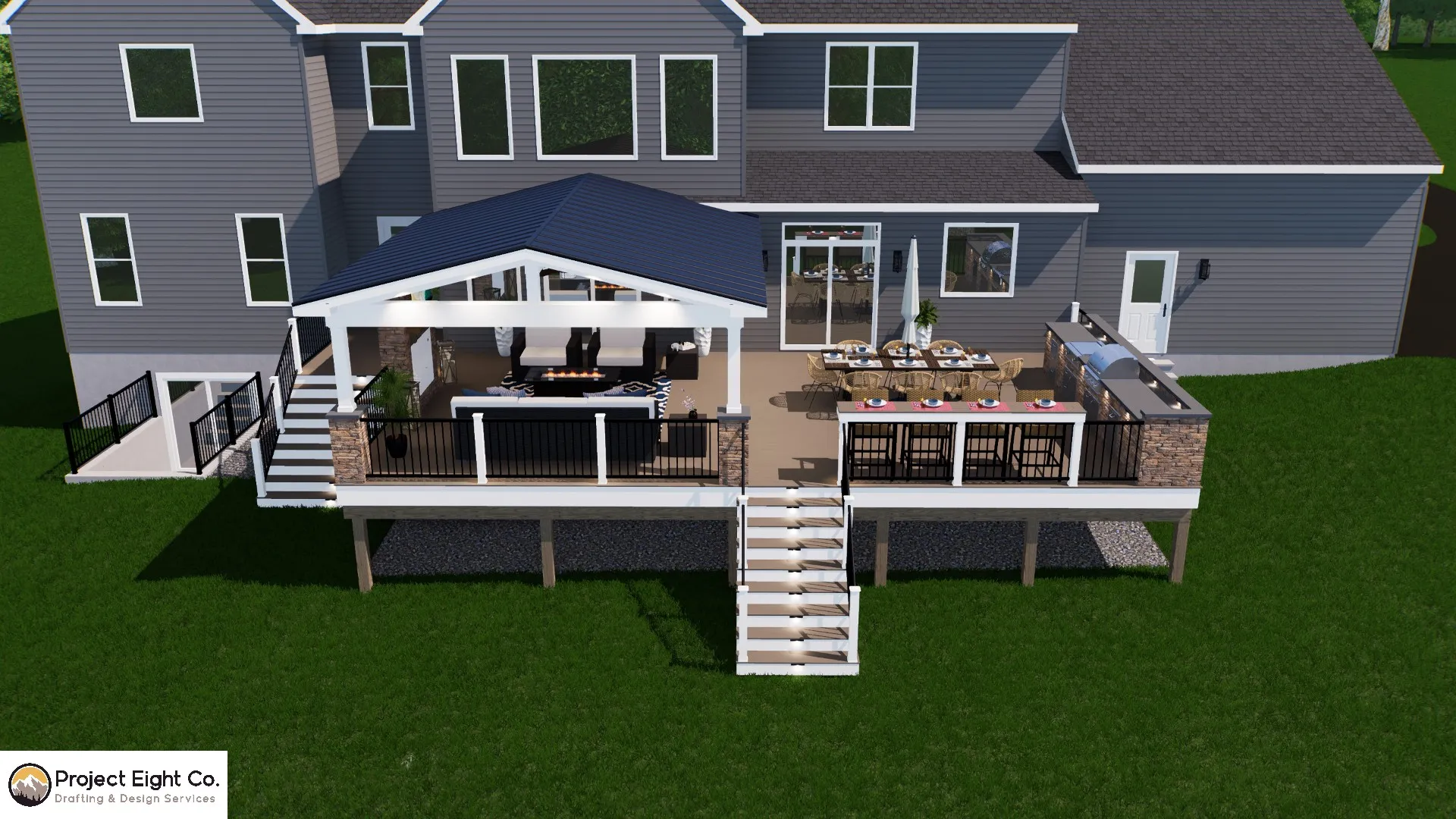 High-End Deck with Covered Lounge and Outdoor Kitchen Design
