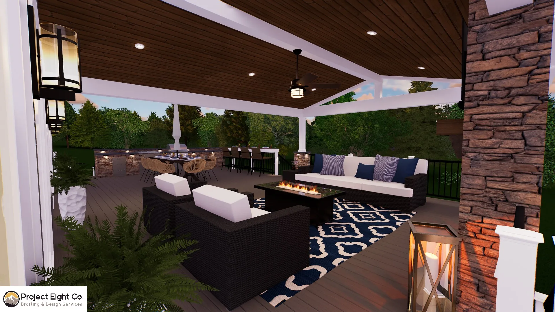 High-End Deck with Covered Lounge and Outdoor Kitchen Design