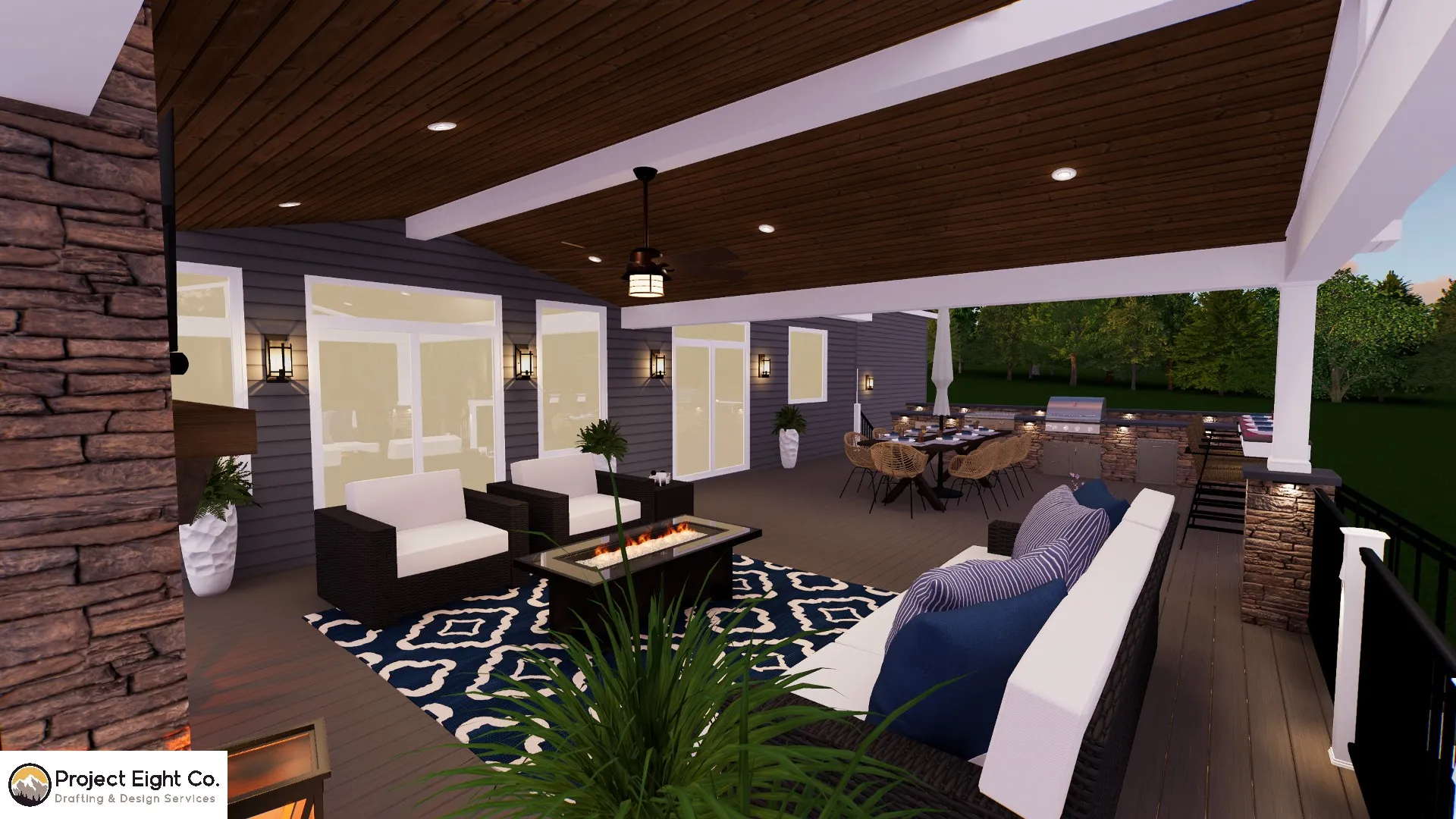 High-End Deck with Covered Lounge and Outdoor Kitchen Design