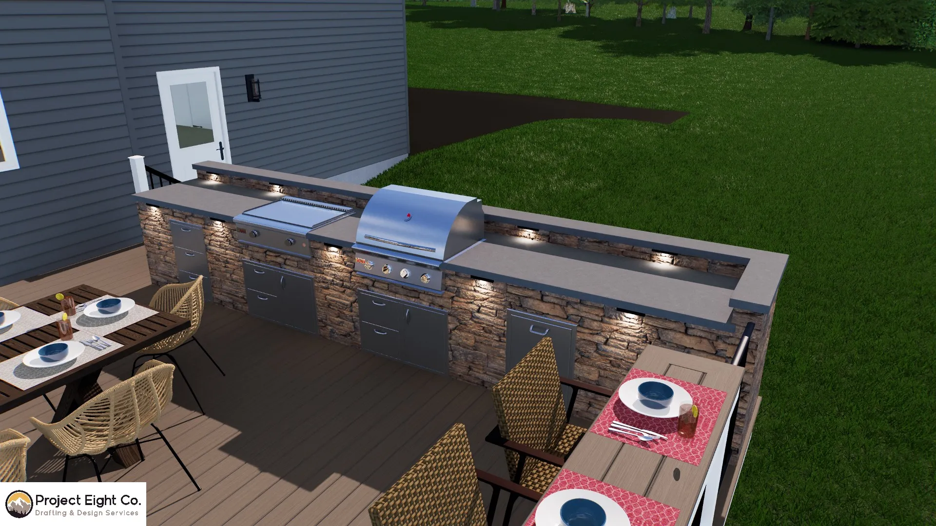 High-End Deck with Covered Lounge and Outdoor Kitchen Design