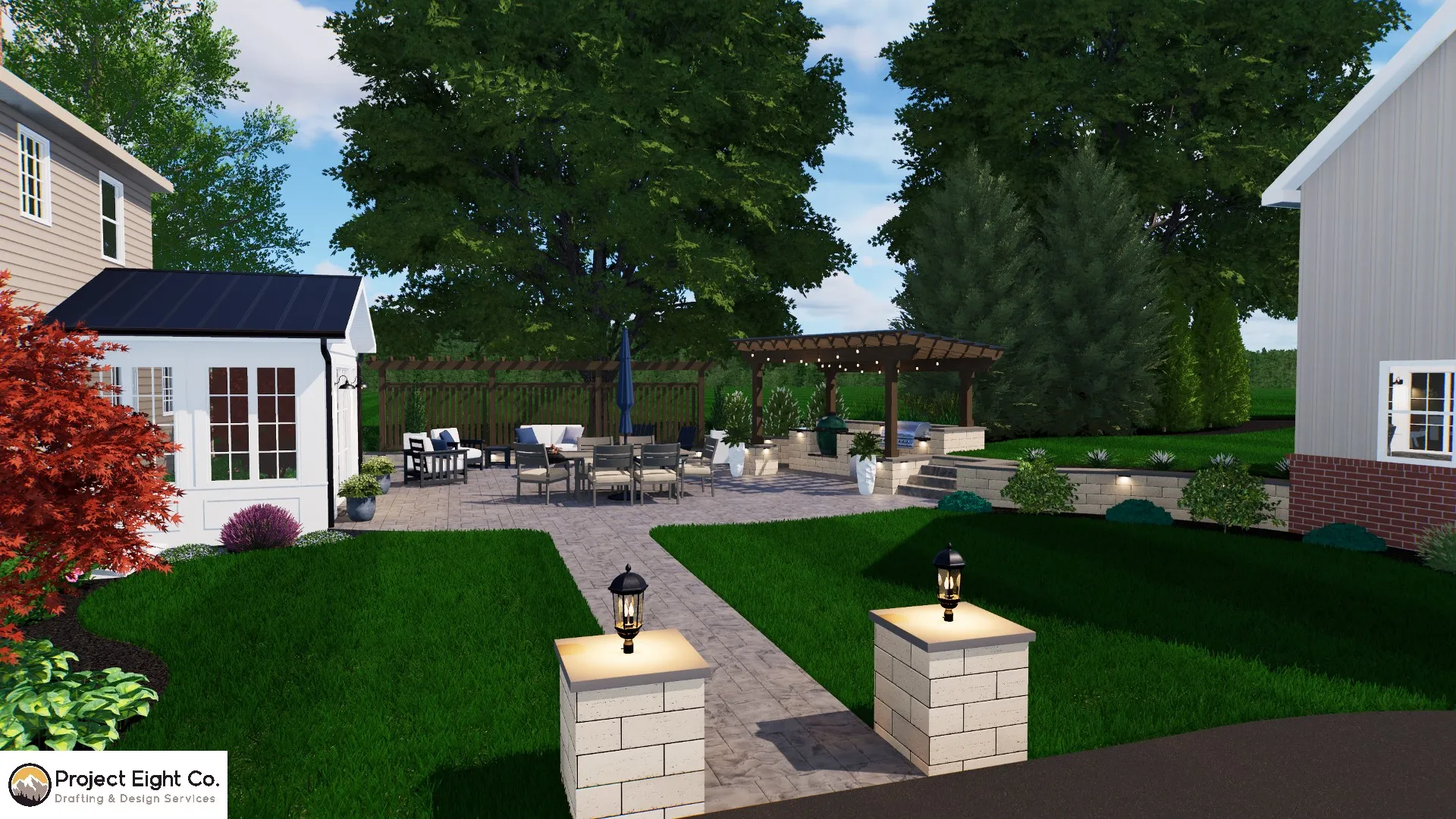 Functional Outdoor Patio with Pergola and Fire Pit Design