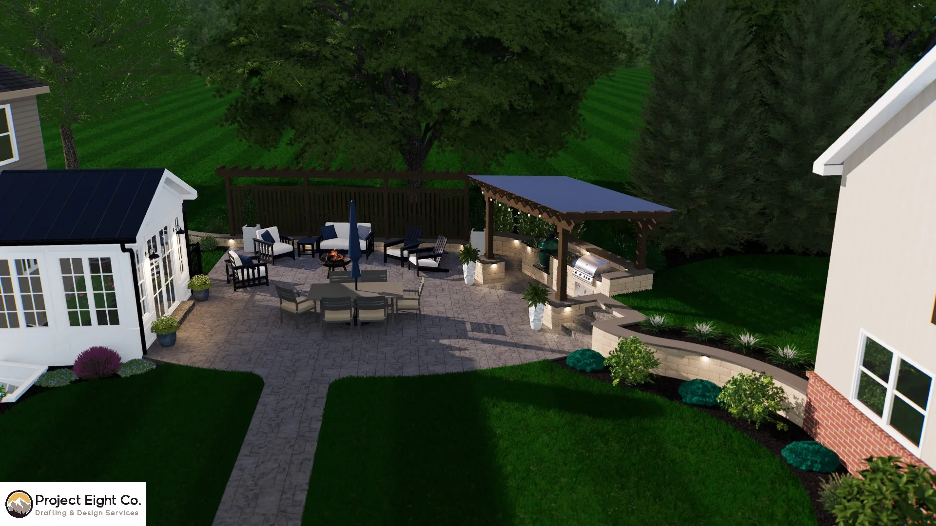 Functional Outdoor Patio with Pergola and Fire Pit Design