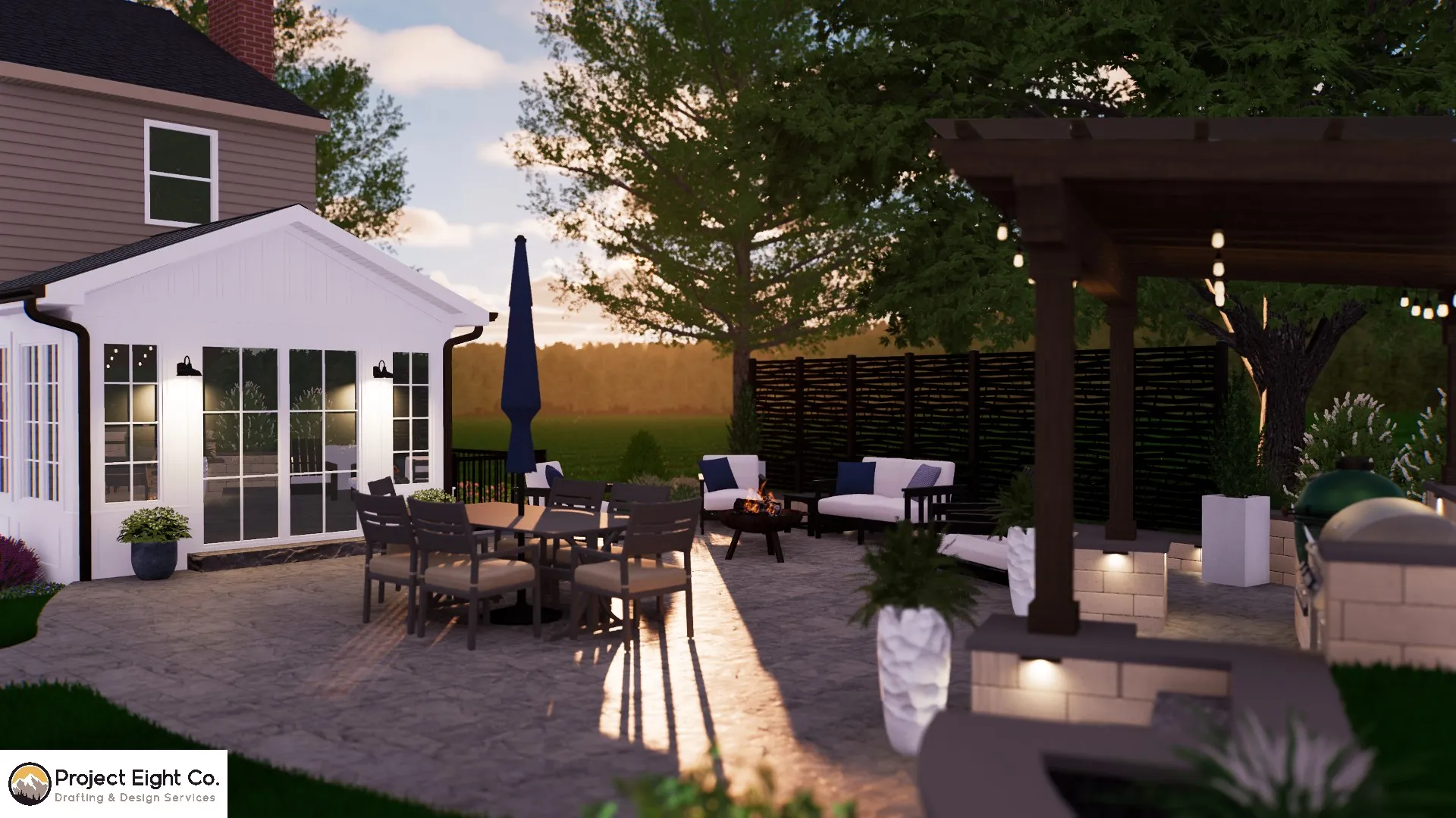 Functional Outdoor Patio with Pergola and Fire Pit Design