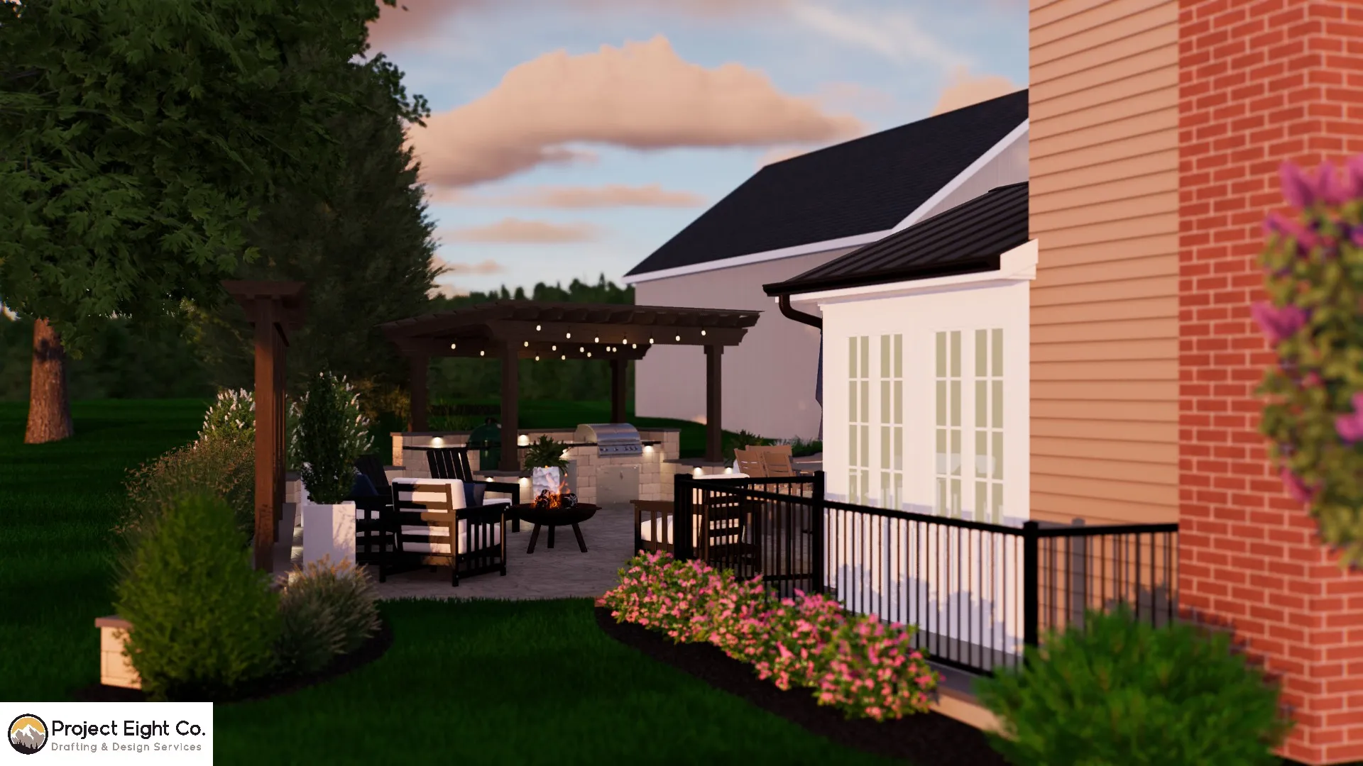 Functional Outdoor Patio with Pergola and Fire Pit Design