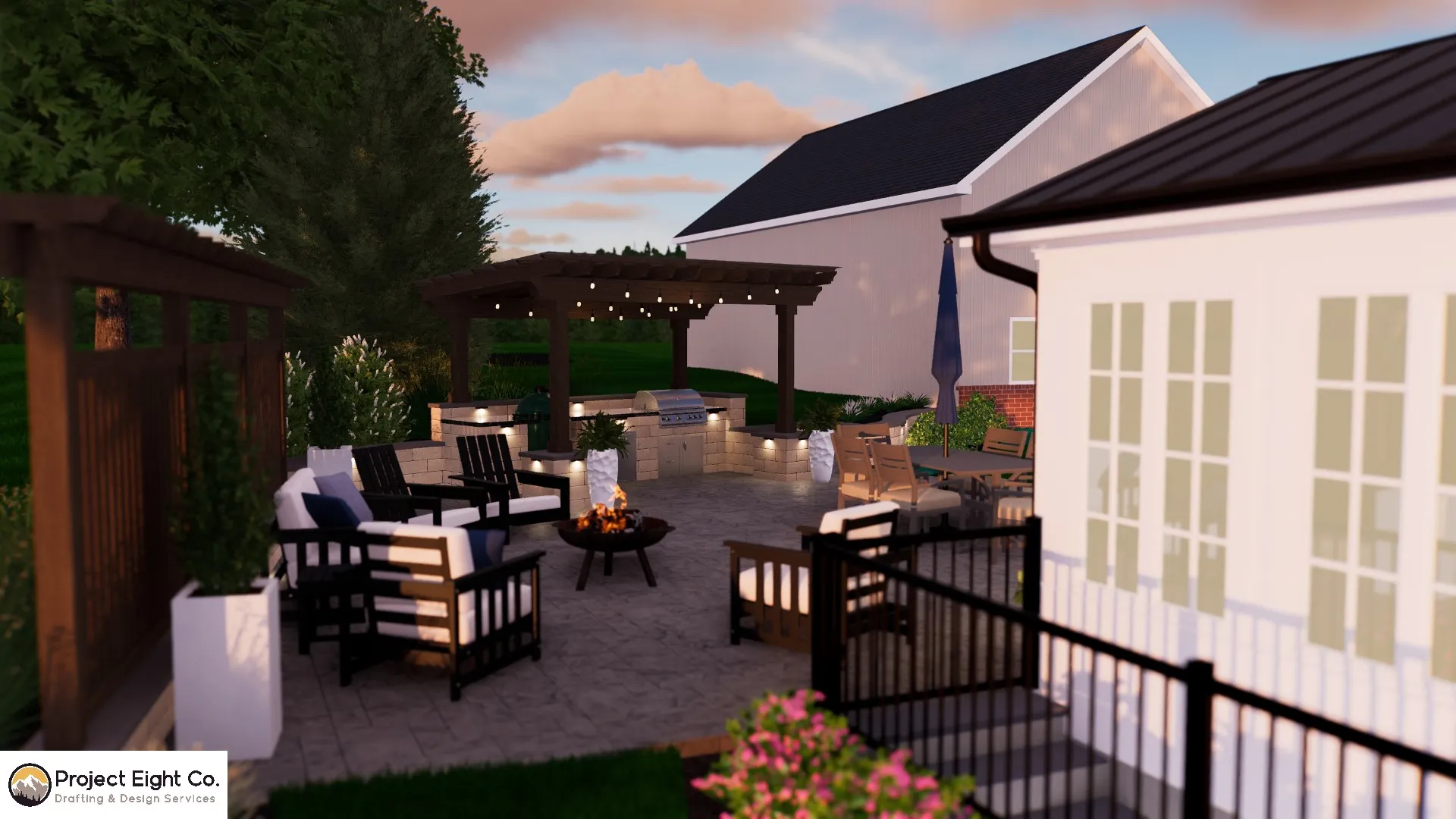Functional Outdoor Patio with Pergola and Fire Pit Design