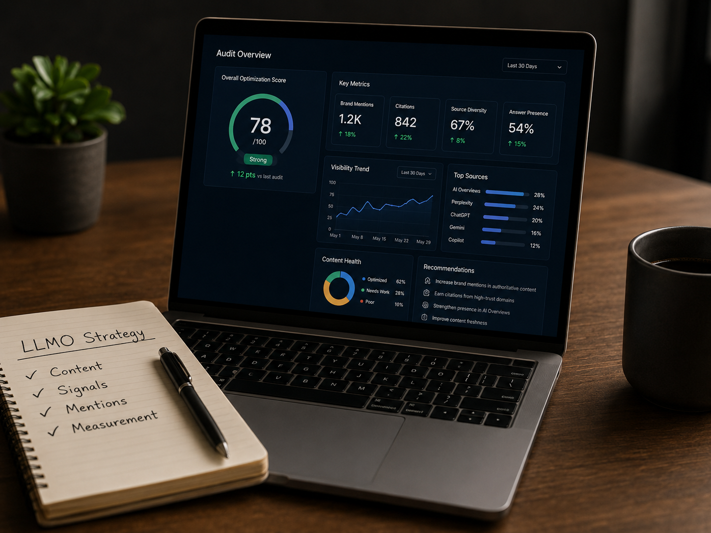 LLMO audit dashboard and strategy notebook