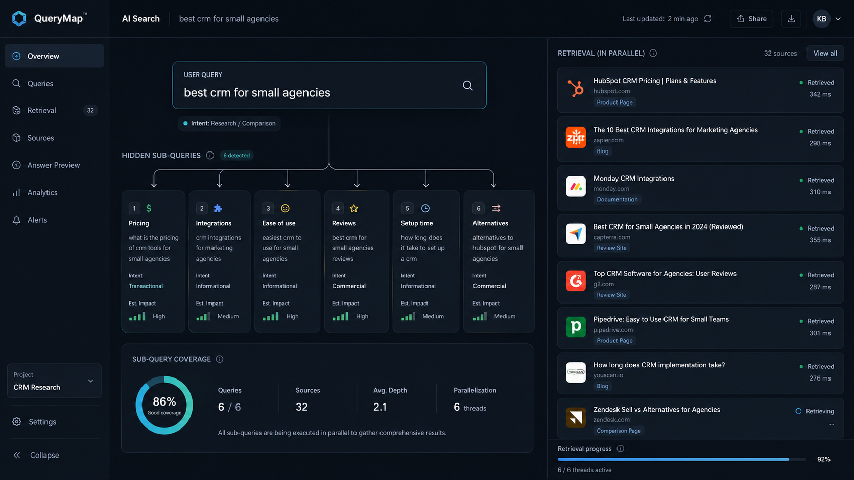 Dashboard showing hidden sub-queries and parallel retrieval