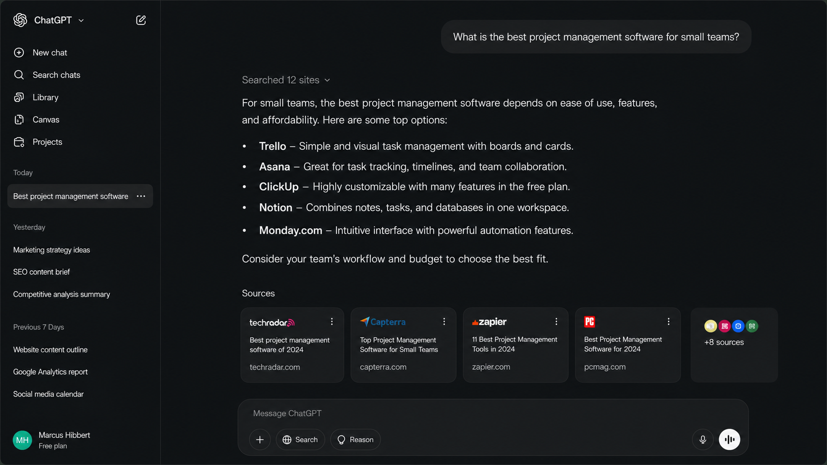 Realistic query fan-out AI search interface showing one prompt expanding into hidden searches