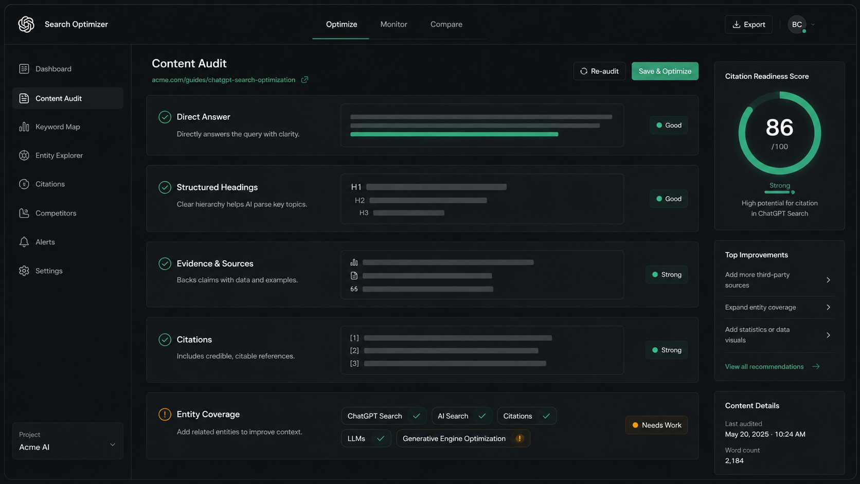ChatGPT Search content audit dashboard