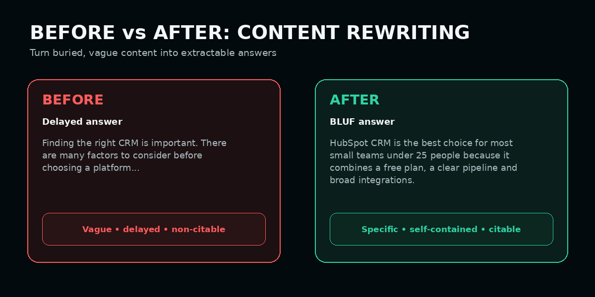 Before and after direct answer content rewriting