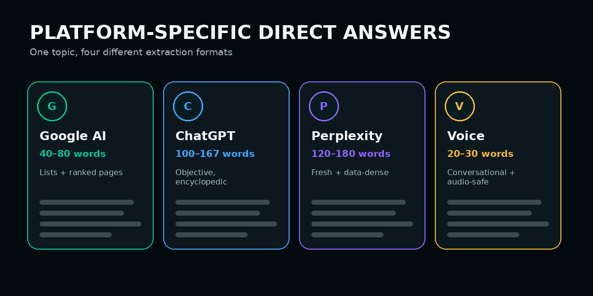 Platform-specific direct answer formats for Google ChatGPT Perplexity and voice
