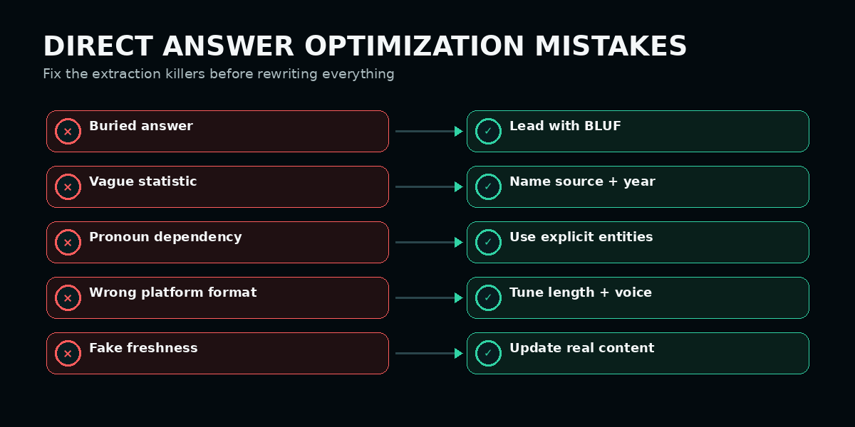 Direct answer optimization mistakes and fixes