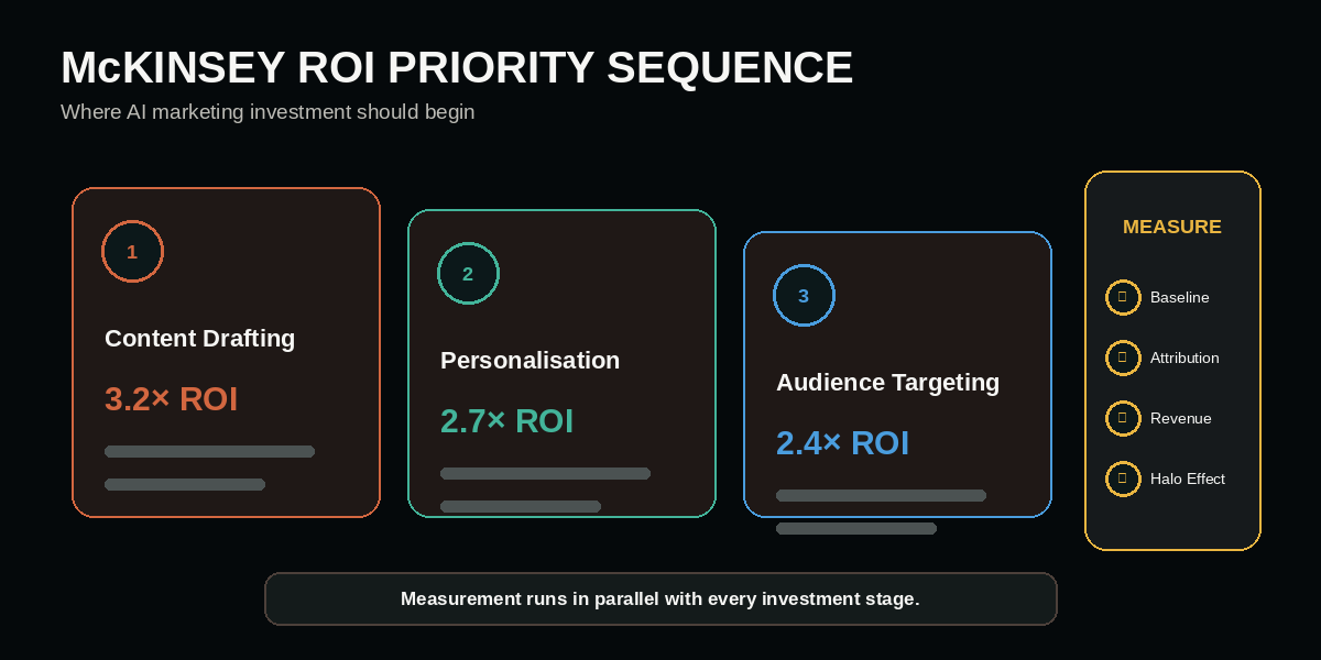 AI marketing ROI priority sequence for content drafting personalisation targeting and measurement