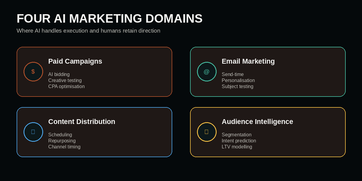 Four AI marketing domains paid campaigns email content distribution and audience intelligence