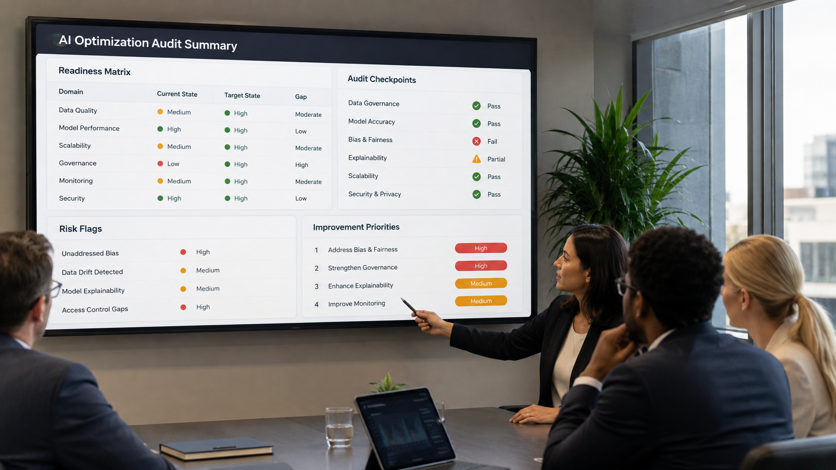 AI optimization audit dashboard with department breakdown and improvement roadmap