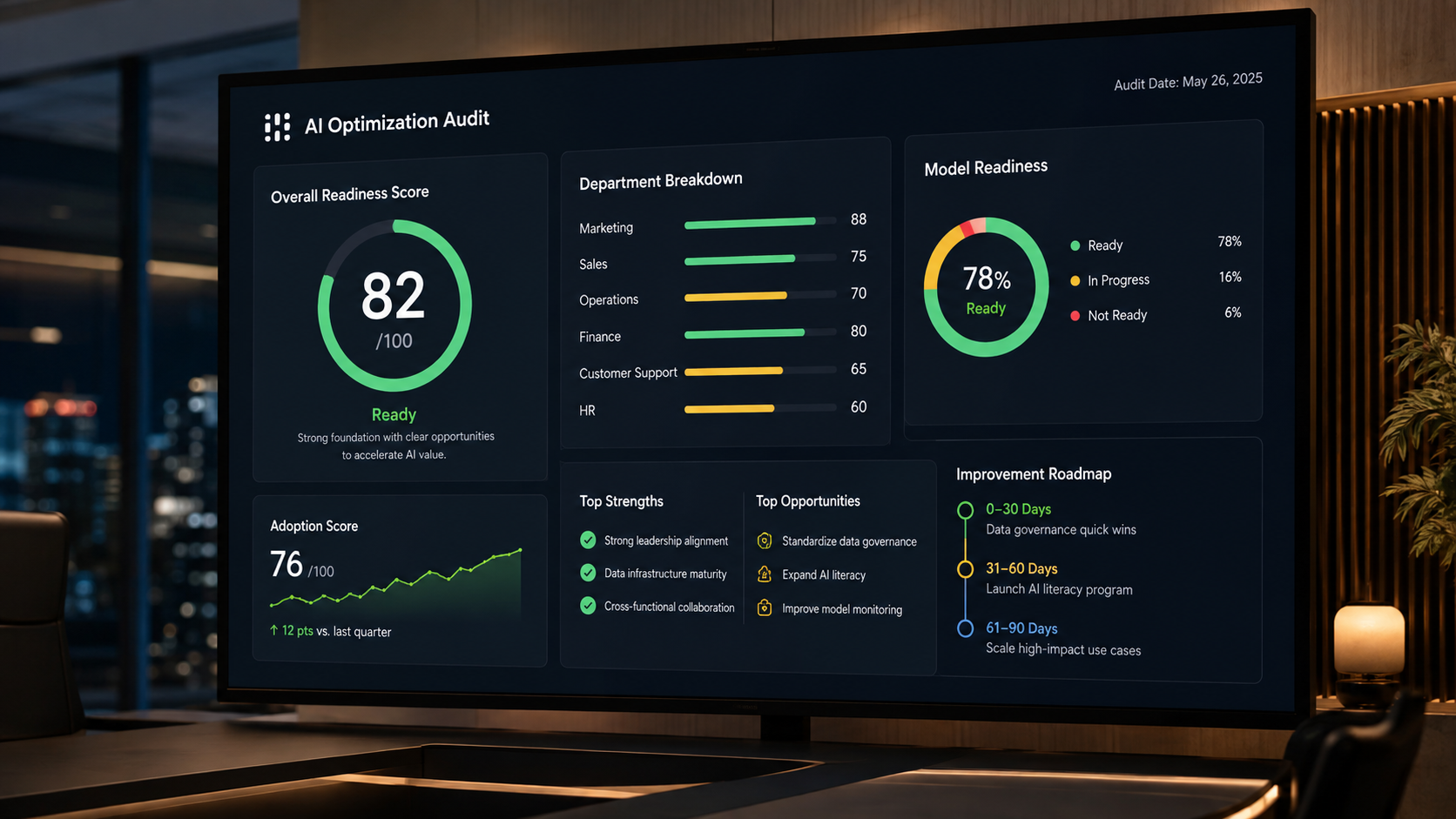 AI readiness overview dashboard with governance and compliance metrics